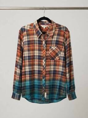 NEW TRU LUXE women's dip dyed ruched sleeve button up top in brown multi